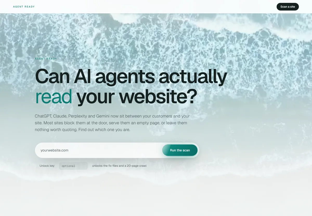 The free scan, asking whether AI agents can actually read your website, with an address field and a Run the scan button