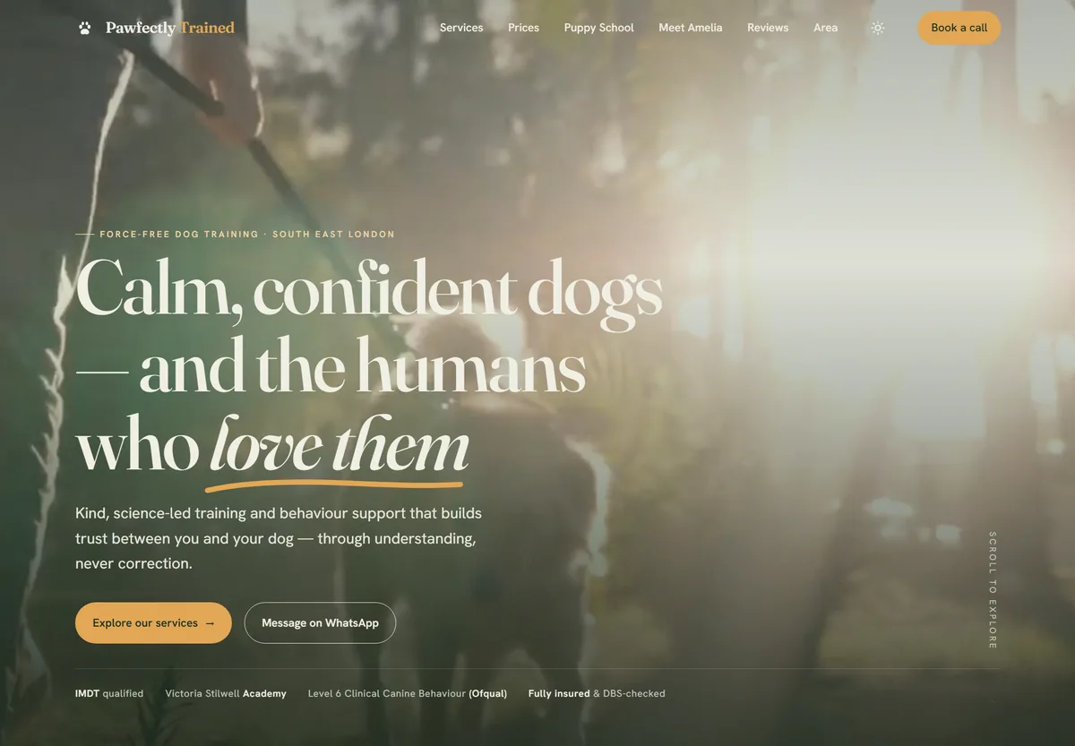 The Pawfectly Trained London homepage: a golden hour photograph of a dog on a walk behind the headline Calm, confident dogs and the humans who love them